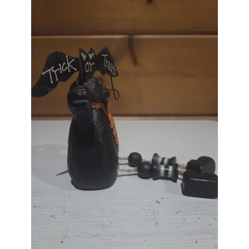 Vintage Wooden Black Cat Shelf Sitter Halloween Dangly Legs Trick Or Treat ZD2